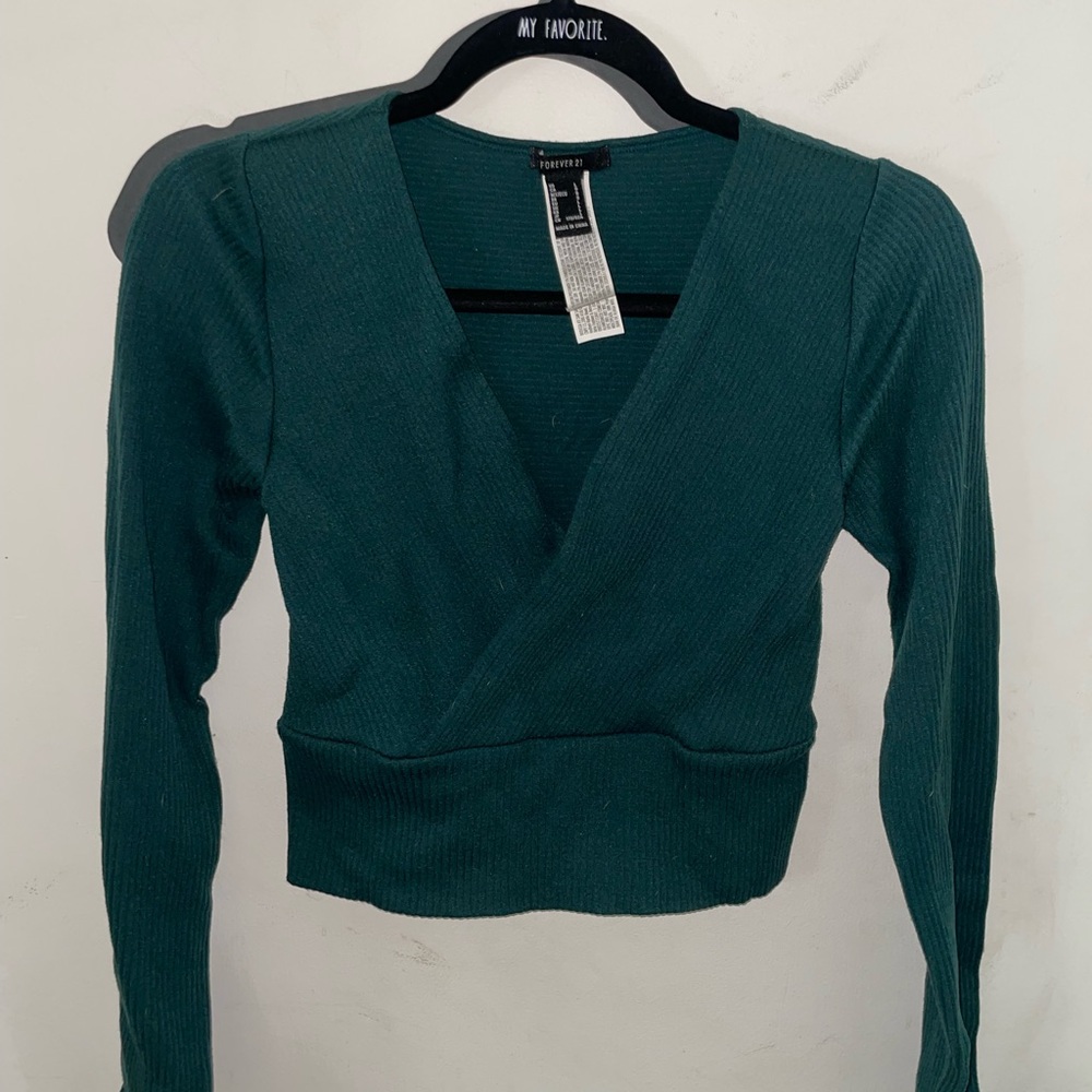 Forever 21 Teal Ribbed Wrap Long-Sleeve Crop Top